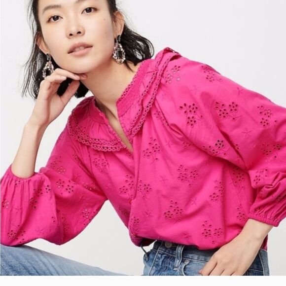 Jcrew pink button-front eyelet peasant top 100% cotton lined size M - Picture 1 of 11